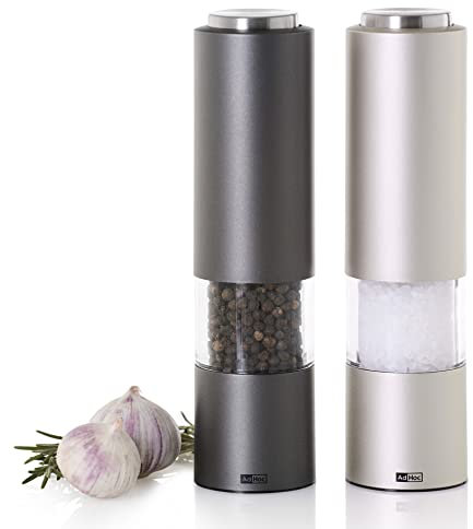 AdHoc elektrische Salz- und Pfeffermühlen eMill.3 im 2er-Set – Light Grey & Dark Grey | Hochwertiges Keramikmahlwerk | Einstellbar von fein bis grob | Mit LED-Beleuchtung & Aromaschutzkappe