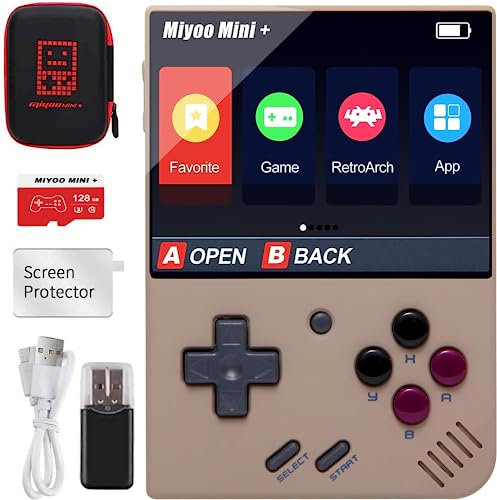 Miyoo Mini Plus handhållen spelkonsol med förvaringsväska, 3,5 tums öppen källa, retrospelkonsol, inbyggt 128 G TF-kort och 15 000 + klassiska spel, stöder WiFi