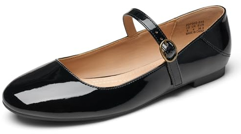 Rekayla Black Mary Jane Shoes Women Flats for Women Round Toe Ballet Flats with Buckle Strap Comfortable Dress Shoes for Work Casual Daily Wear Patent, Size 9