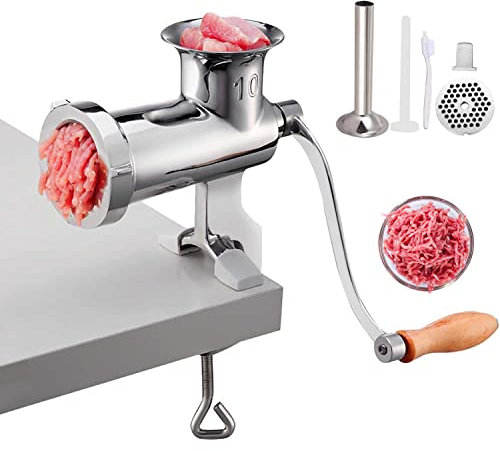 VEVOR Hachoir à Viande Manuel en Inox Alimentaire Hachoir Manuel à Manivelle 2 Plaques de Broyage 5 mm 8 mm Poussoir à Saucisses avec Tube Fixation Serre-Joint Couper Viande Légumes Noix Boucheries
