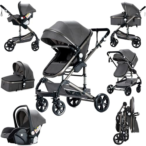 3-i-1 kombibarnvagn med resesystem, standardbarnvagn, barnvagn, buggy, nyfödd, bärbar resevagn, barnvagn, hopfällbar, höglandskapsvagn (739 grå)