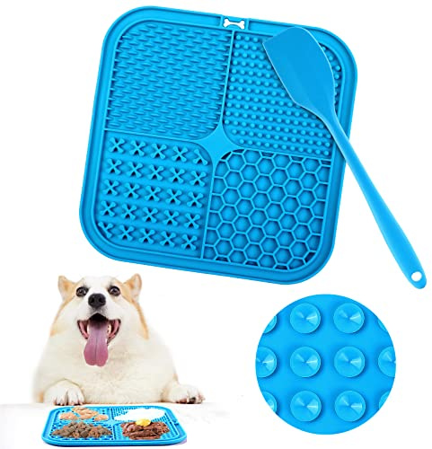 Romon Alfombrilla para Lamer Perros, 20x20cm Lick Mat para Perros y 1 Espátula de Silicona, Comedero Lento para Lamer con Ventosa Sin BPA para Bañarse, Arreglarse y Entrenar (Azul)