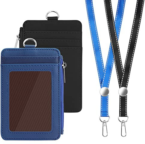 2 Stück Ausweishalter PU Leder Ausweishülle mit 48cm Band, Ausweis ID Kartenhalter mit Reißverschlussfach, Doppelseitig Leder Ausweishalter für Büro Schule Fahrkarten (Schwarz Blau)