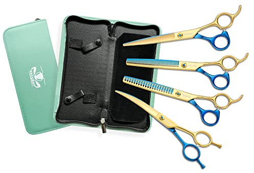 Recubay Hunde- und Katzenschere für die Fellpflege, Haustierschere für dickes Fell und mattiertes Haar, dünnere gebogene gerade Chunker Edelstahlschere