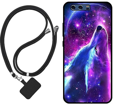 Sunrive Hülle Kompatibel mit Huawei P10 Case,matt Handyhülle Schutzhülle Etui Karikatur Muster TPU Backcover (Wolf,Mond,Sterne) +1x Universale Handykette MEHRWEG