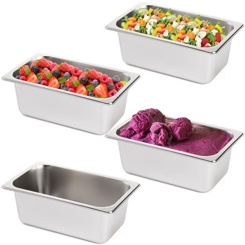 TOPZEA 4 Pack Hotel Pans, 1/4 Size 4 Deep Stainless Steel Steam Table Serving Pan, Buffet Dinner Catering Food Pans, Warmer Breading Tray Batter Pan for Restaurant Salad Bar Party Supplies