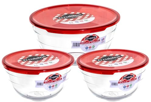 Ôcuisine® Glass Round Mixing Bowl Set of 3 with Red Lids - 2 x 1L & 2L | Extreme Resistance | Oven Safe - Freezer Safe - Microwave Safe | Borosilicate Glass | Made in France