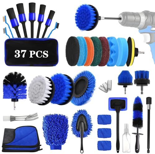 UCAMP Bürstenaufsatz Bohrmaschine Set,Bürstenaufsatz Akkuschrauber [37er Set] - Felgenbürste Scrubber Reinigung Kit,Power Scrubber Felgenbürste Set für Felgen Fliesen Küche Böden Badewanne, Blau