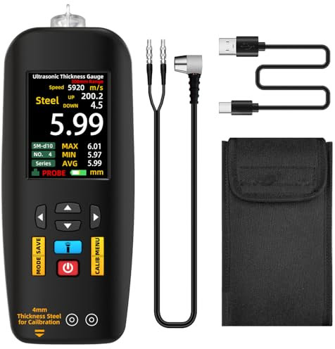 BSIDE T7 Rechargeable Ultrasonic Thickness Gauge 1.0-300mm with 2.8” HD Colour LCD Auto Calibration Data Save Portable Ultrasonic Thickness Tester with Alarm Flashlight and DIY Speed of Sound
