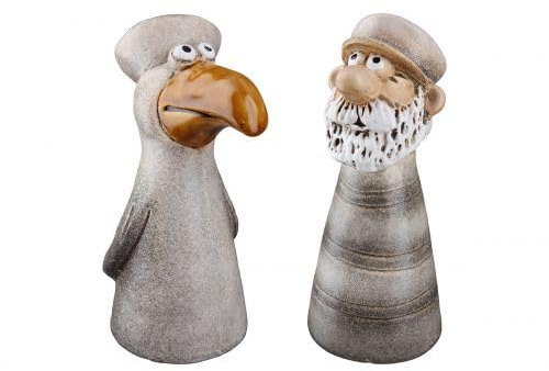 GILDE Zaunfigur 'Küste' Möwe und Matrose, Keramik, Braun, 21 x 9,5cm, 2er Set, Gartenfigur