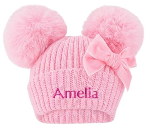 Lobeko Personalised Baby Hat with Double Faux Fur Poms Custom Knitted Winter Hat for Boys & Baby Girls 0–12 Months Soft Warm Beanie 7 Colours Newborn Infant Name on Hat Pink