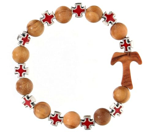 Armband mit roten Kreuzen und Zehner, Tau und Perlen von 5 mm aus Assisi-Holz