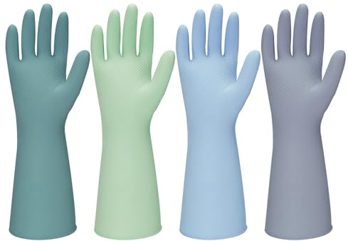 Gummi-Küchenhandschuhe, 4 Paar, bunt, wiederverwendbar, Haushalts-Reinigungshandschuhe zum Geschirrspülen und Reinigungsaufgaben, flexibel und langlebig, wasserdicht (groß, dunkelgrün + blau + grün +