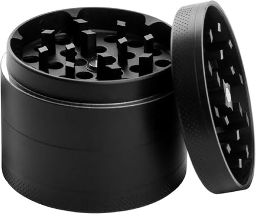 Rynli Herb Grinder, Portable 4 Piece Zinc Alloy Grinders with Pollen Catcher, Small Magnetic Top and Sifter for Dry Herb, Plastic Scraper, Mini Crusher Mill, Ideal for Spice & Herbal Use - Black