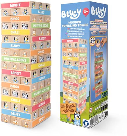 Bluey Tumbling Tower Game - 54 Colourful FSC-Certified Wooden Blocks, Hand-Eye Coordination & Motor Skills Family Game, Eco-Friendly Fun for Kids Aged 3+, Durable & Non-Toxic