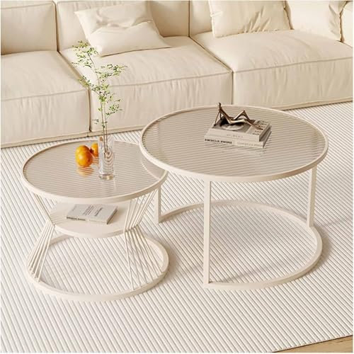 RYDZCLH Satztisch-Couchtisch, 2Er-Set, Runder 23,62-Zoll-Couchtisch, Beistelltisch Aus Glas, Mit Offenem Regal Für Wohnzimmer, Schlafzimmer, Balkon, Hof,Weiß