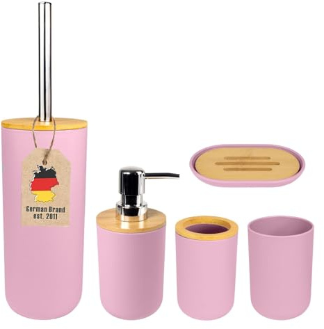 Intirilife badrumstillbehörsset tillverkat av bambu i rosa - 5-delat badrumsset tandborste tumlare tandborste tumlare tvålskål tvålpump lotionflaska toalettborste med hållare, badrumstillbehör