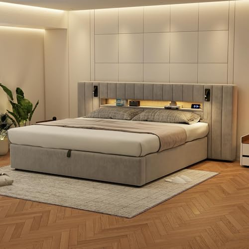 Moimhear Telaio letto con porta USB, letto imbottito, letto matrimoniale, con illuminazione a LED, con lampada da comodino, con spazio di archiviazione, senza materasso, velluto, grigio (180 x 200 cm)
