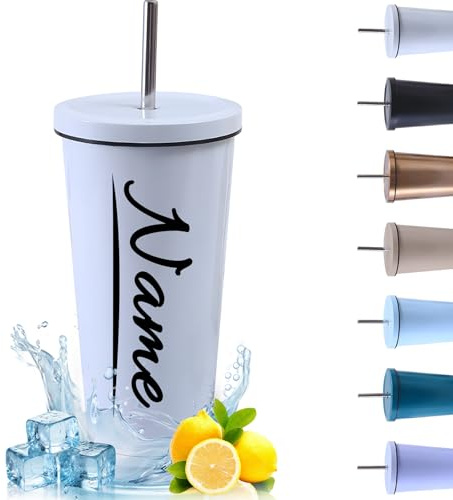 Thermobecher Personalisiert mit Namen Edelstahl Trinkbecher mit Deckel und Strohhalm Kaffeebecher to Go Thermobecher Spülmaschinenfest Autobecher Tumbler für Kalte Heiße Getränke (Weiß, 500ml)