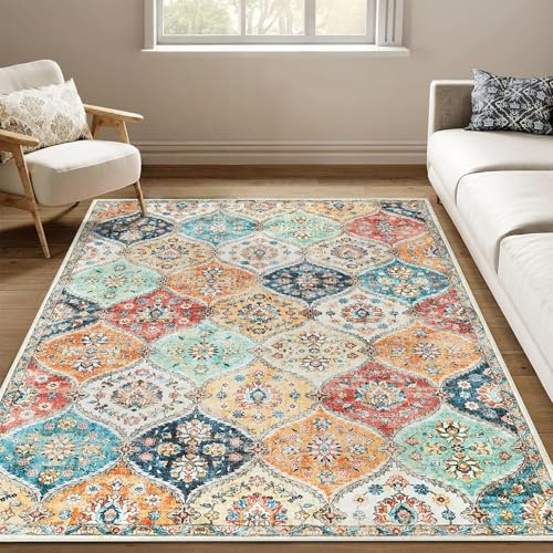 LuxFocus Washable Vintage Rug 120x170 cm, Floral Living Room Rug with Oriental Design, Non-Slip Low Pile Carpet for Bedroom & Dining Room, Orange