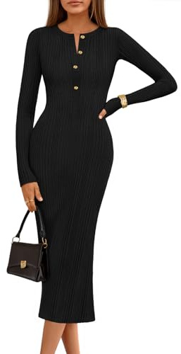 MEROKEETY Women's Bodycon Sweater Dress 2025 Fall Winter Long Sleeve Button Crew Neck Ribbed Knit Midi Work Dresses, Black, S