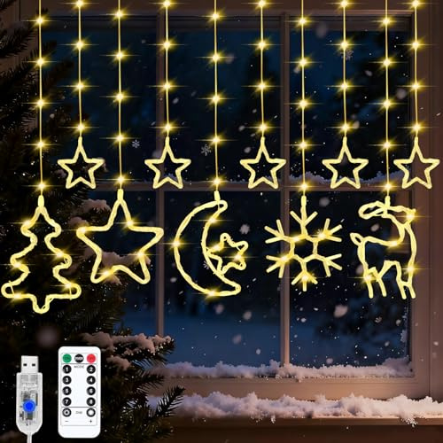 SOETDERT Weihnachtsbeleuchtung Fenster Lichtervorhang Innen, 2M LED Weihnachtsdeko Fenster Beleuchtet, Schneeflocken Stern Lichterkette Deko, Lichterkette Weihnachten Fensterbeleuchtung, Warmweiß USB
