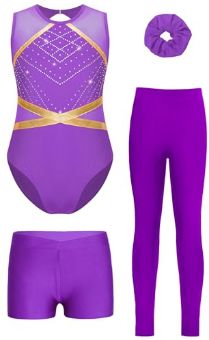 Yruioon Mädchen Turnanzug Glitzer Gymnastikanzug 4tlg.Ärmellos Gymnastik Leotard mit Hose Shorts Haarband Turnen Trikot Wettbewerb Tanzkostüm