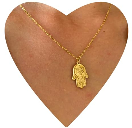 Natascha Woge® Hamsa Hand Halskette Edelstahl, verstellbar 40–45 cm, Fatima-Anhänger mit Davidstern, Damenkette in Gold oder Silber (Gold)