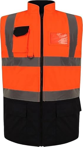 Hi Vis Padded Gilet Waistcoat Fleece Body Warmer Zip Fastening Vest Work Wear Reflective Security Waistcoat Jacket with ID Badge and Mobile Pocket (UK, Alpha, S, Regular, Regular, Orange/Navy)
