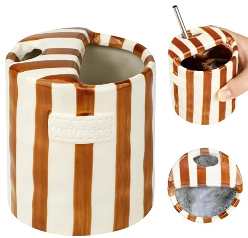 Novelty Ceramic Coffee Mug Designed to Look Like a Gift Box, 10oz Retro Hand-Painted Ceramic Travel Mug, Brown & White Striped, Microwave & Dishwasher Safe, Perfect Present for Coffee Lovers (Brown)