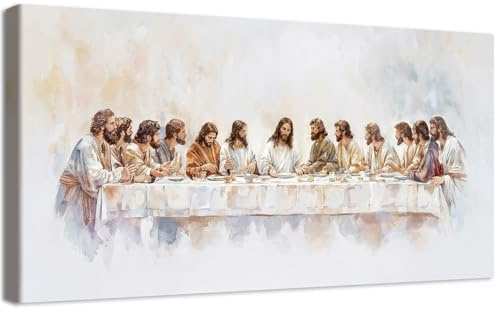 Cadre en Bois Impression sur Toile Peinture La Cène de Jésus Tableau Affiche Decoration Murale Les Douze Apôtres Chrétiens Image sur Toile Grandes Tableau Decoration Murale Salon Église 50x120cm
