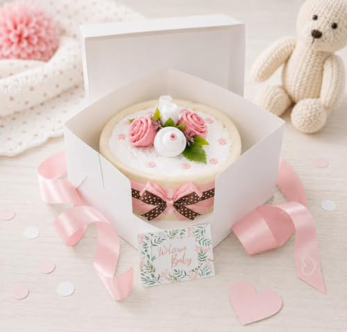 Windeltorte CAKEBOX rosa für Mädchen in Geschenkbox – 26 Windeln, Moltontuch & Söckchen | Geschenk zur Geburt & Baby Shower