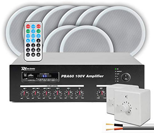 Power Dynamics CSPB5 8x 5 Ceiling Speaker System with Bluetooth Amplifier, 2-Zone Attenuators & Speaker Cable - Commercial Audio PA for Restaurants, Shops, Offices