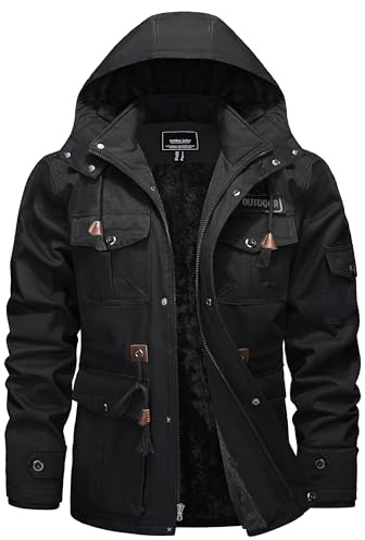 Hommes Veste Hiver Chaude Veste de Travail Coton Veste Polaire Grande Taille Veste Militaire US Army Vintage Blouson Capuche Veste Tactique Extérieure Veste Cargo Décontractée Coupe-Vent Noir