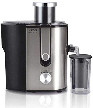 HAEGER MINI JUICER - Licuadora 600W de potencia, capacidad de 1,3L, 2 velocidades, Sistema anti-goteo, pedal de enclavamiento, base antideslizante, Cuerpo en INOX