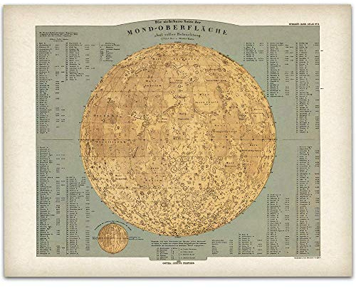 Moon Map Art Space Poster 11x14 Vintage Antique - Moon Surface Phase Academia Chart - Great Astronomy Decor Gift for Astronomers (1872 German Map of the Moon)