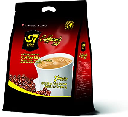 Trung Nguyen G7 Instant Coffee - 3-in-1 Roasted Ground Blend with Creamer & Sugar, Vietnamese Coffee (50 Sachets)