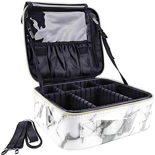 gzcz Schminktasche,Makeup Organizer,Kosmetik Tasche,2 Fächer,Marble,10,2'' | Kosmetikkoffer mit Verstellbarem Riemen,Schminkkoffer Reise Damen,Beautycase Zwei-Wege-Reißverschluss