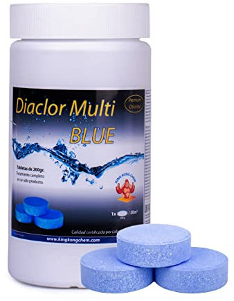 Cloro para Piscinas DIACLOR Multi Blue 1 KG - 5 Pastillas de Cloro Multiacción Efecto clarificante (Pastilla 200 gr - Diámetro 7,5 cm - Color Azul) – Tratamiento 5 Acciones - SIN Cobre