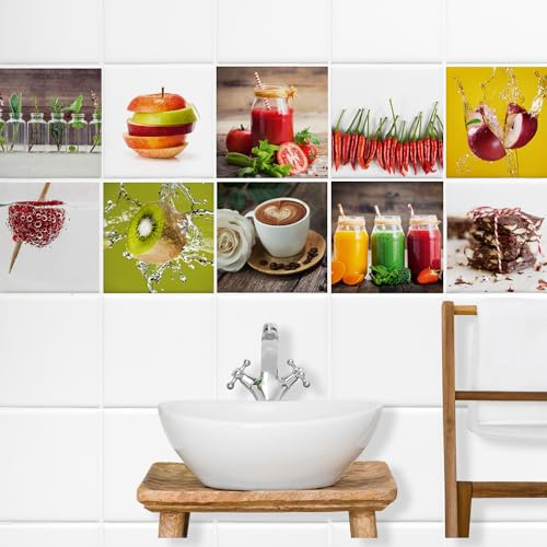 GRAZDesign Fliesenaufkleber Küche bunt Obst, Kaffee und Gemüse, wasserfest für Küchenfliesen, Klebefliesen Fliesenbilder selbstklebend & glänzen - Bunte Küche