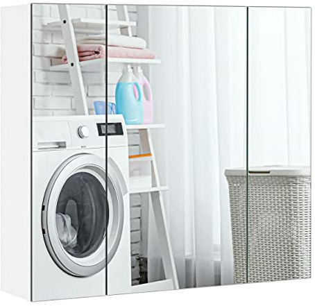 Yaheetech Bathroom Mirror Cabinet, 3 Frameless Doors, White | 3-Height Adjustable Shelf, Slim 15 cm Depth, 5 kg Shelf Capacity, E1 Painted MDF, Wall-Mounted to Free Floor Space