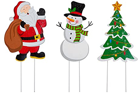 Glitzhome Weihnachtsbaumstecker aus Metall, Weihnachtsmann, Schneemann, 3 Stück, für den Außenbereich, Hof, Urlaub, Dekoration, 61 cm hoch, Mehrfarbig