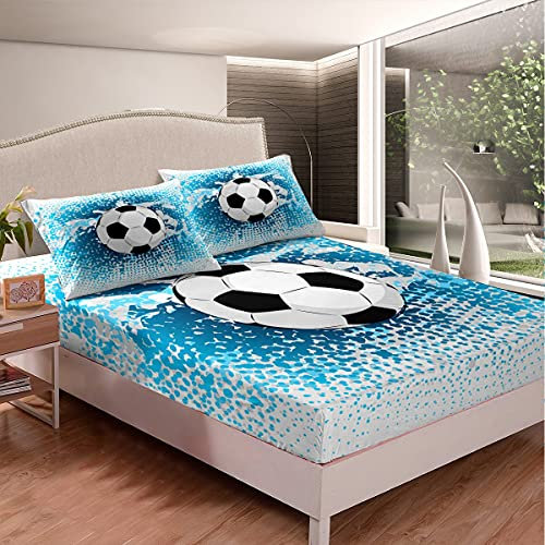 Juego de sábanas de fútbol para niños, niñas, adolescentes, pelota de fútbol, juego de sábanas, color azul, transpirable, tamaño doble