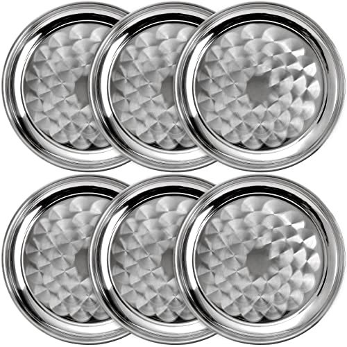 ZEAYEA 6 Pack Stainless Steel Round Tray, 12 Inch Bar Serving Tray with Swirl Pattern, Silver Display Serving Platter, Round Metal Tray for Coffee Table, Party, Club, Home, Ottoman