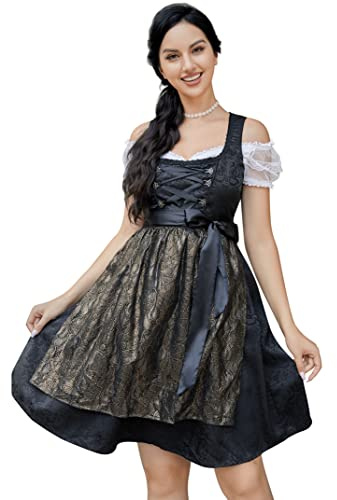 Clearlove Dirndl Damen midi 3tlg.Trachtenkleid für Oktoberfest,Karneval,DREI Teilig: Kleid, Bluse, Schürze（Verpackung MEHRWEG）,Schwarz,40