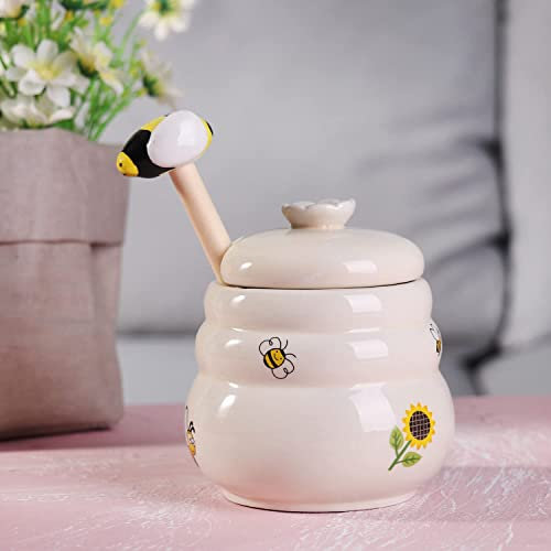 Kosmeey Honigglas aus Keramik mit hölzernem Honiglöffel mit Dipper, Honigglas mit Ständer, tolle Bienendekoration, Bauernhaus-Küchendekoration (Honigglas-Biene)