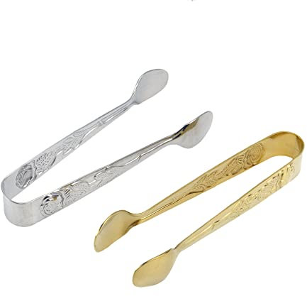 Mewutal 2 Pieces Sugar Tongs with Rose Pattern Mini Appetizers Tongs Stainless Steel Serving Tongs Ice Cube Tongs for Food Bar Coffee Party Kitchen (Silver + Gold, 4.17Inch)
