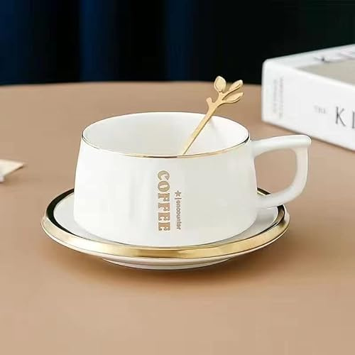 Nordic Royal First-Class Keramik Porzellan Kaffeetassen Set Teetasse Milchtasse mit Untertasse und goldenem Löffel Anzug (weiß)