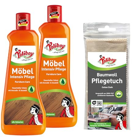 POLIBOY Möbel Intensiv Pflege - Pflegemittel für lackiertes Holz - schützende und auffrischende Holzpflege - farbneutral - 2x 500ml mit Baumwolltuch - Made in Germany
