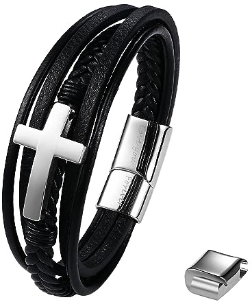 Flongo Herren Leder Armband Kreuz schwarz Silber geflochten Lederarmband mit klassisch Edelstahl Cross Anhänger und Love You Forever Gravur verstellbar Geschenk für Sohn mit Liebeskarte Geschenkbox